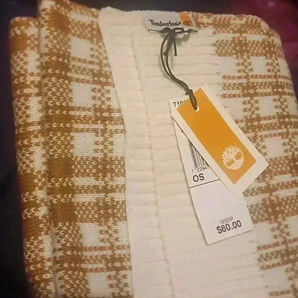 TIMBERLAND  BUFFALO PLAID KNIT SCARF TAN CREAM OS - Picture 3 of 4